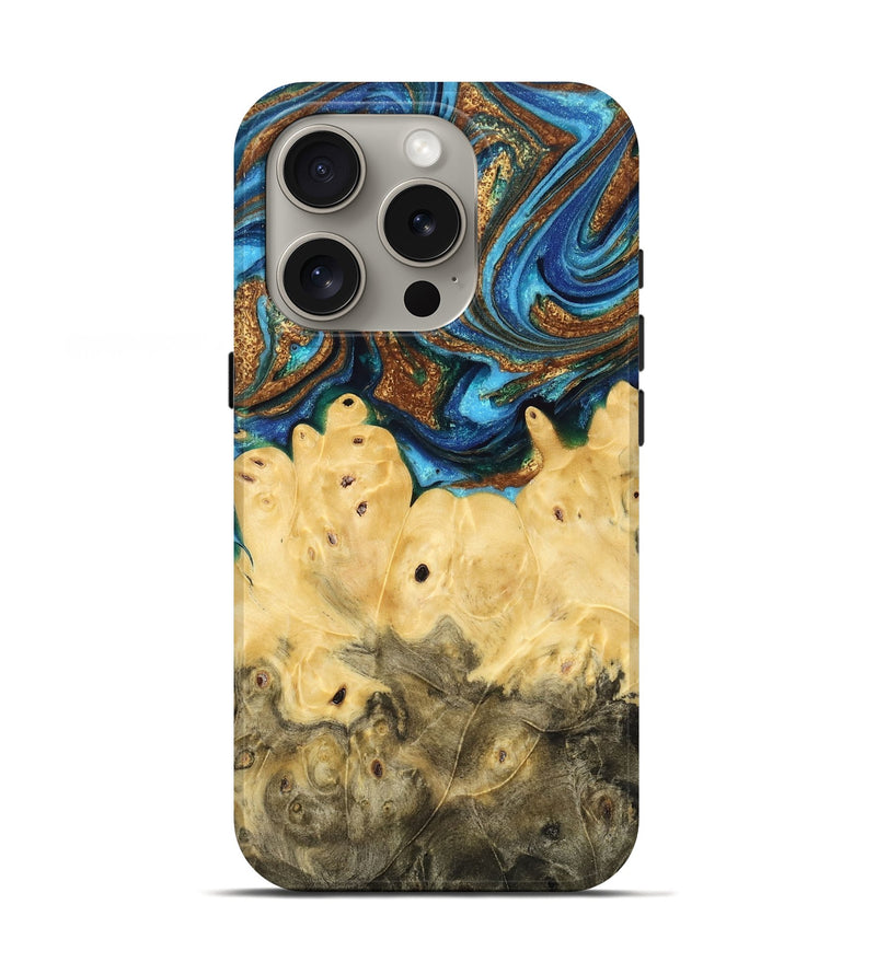 iPhone 16 Pro Wood Live Edge Phone Case - Dalia (Teal & Gold, 760629)