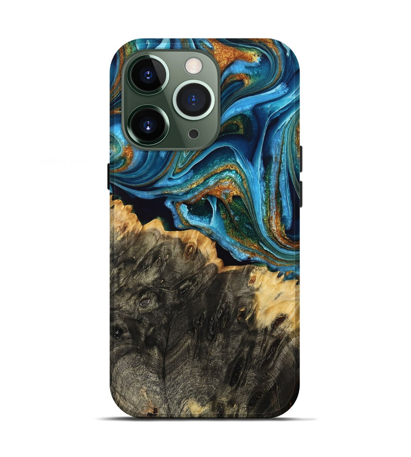 iPhone 13 Pro Wood Live Edge Phone Case - Armani (Teal & Gold, 760630)