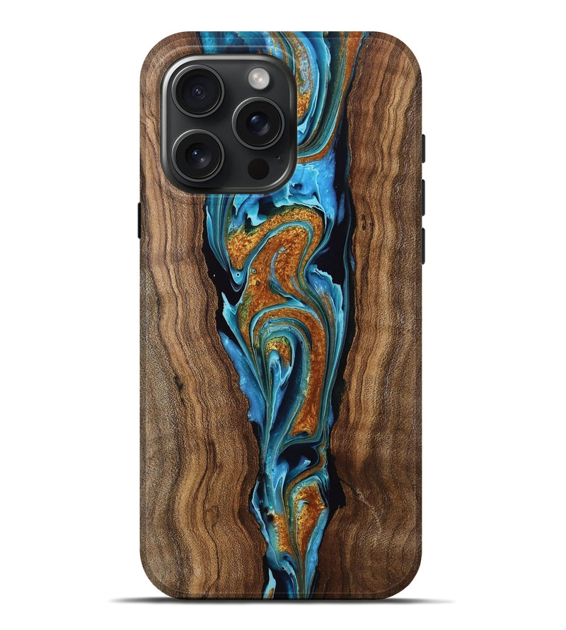iPhone 16 Pro Max Wood Live Edge Phone Case - Cathy (Teal & Gold, 760631)