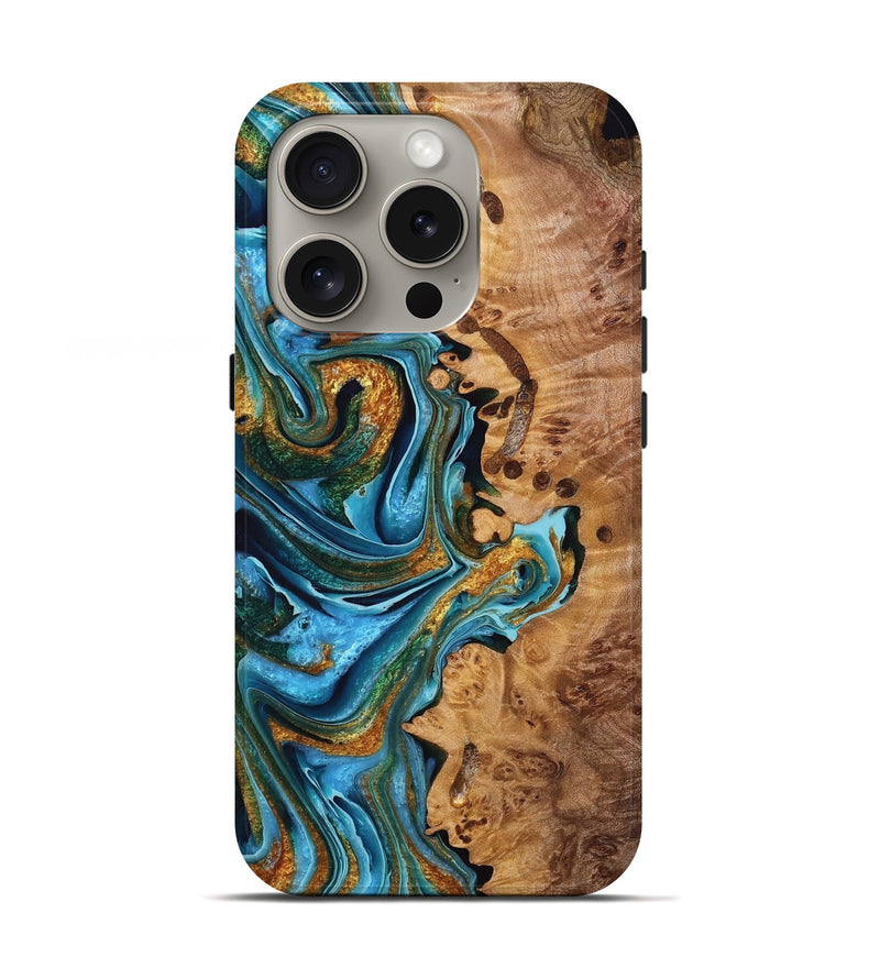 iPhone 16 Pro Wood Live Edge Phone Case - Noel (Teal & Gold, 760633)