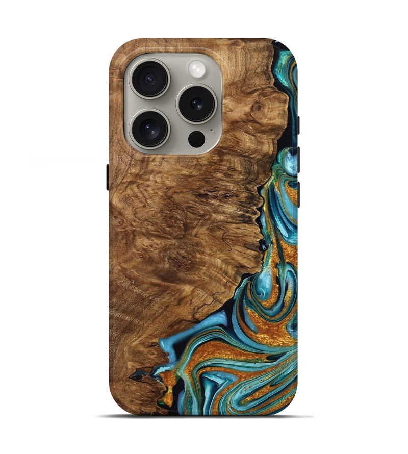 iPhone 16 Pro Wood Live Edge Phone Case - Lonie (Teal & Gold, 760634)