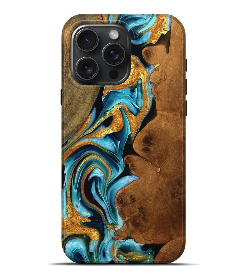 iPhone 16 Pro Max Wood Live Edge Phone Case - Jayleen (Teal & Gold, 760635)
