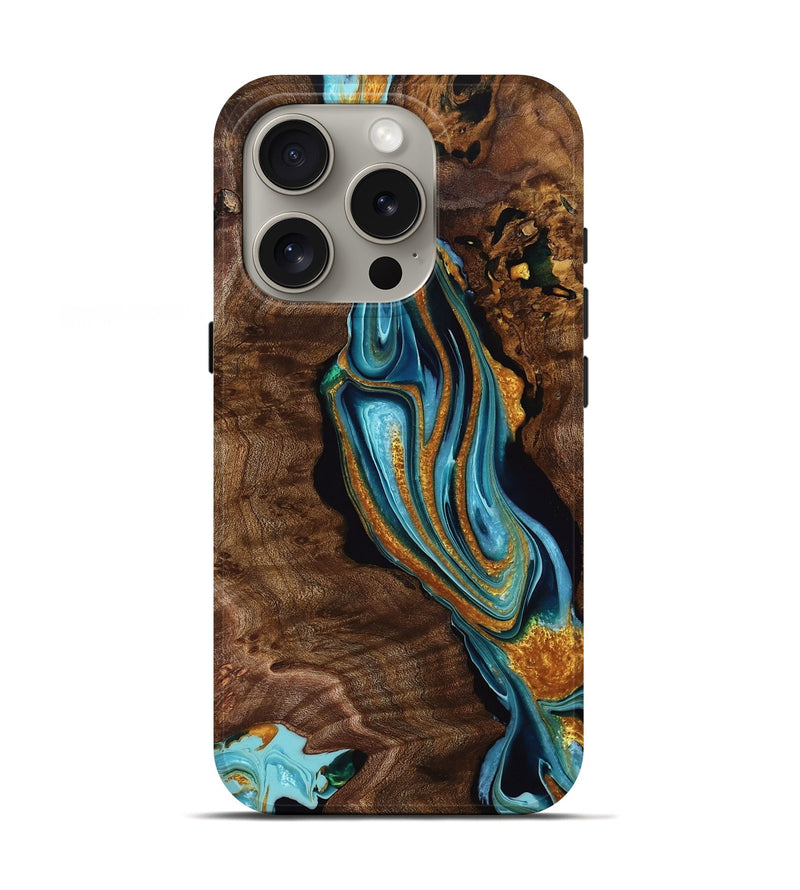 iPhone 16 Pro Wood Live Edge Phone Case - Danny (Teal & Gold, 760636)