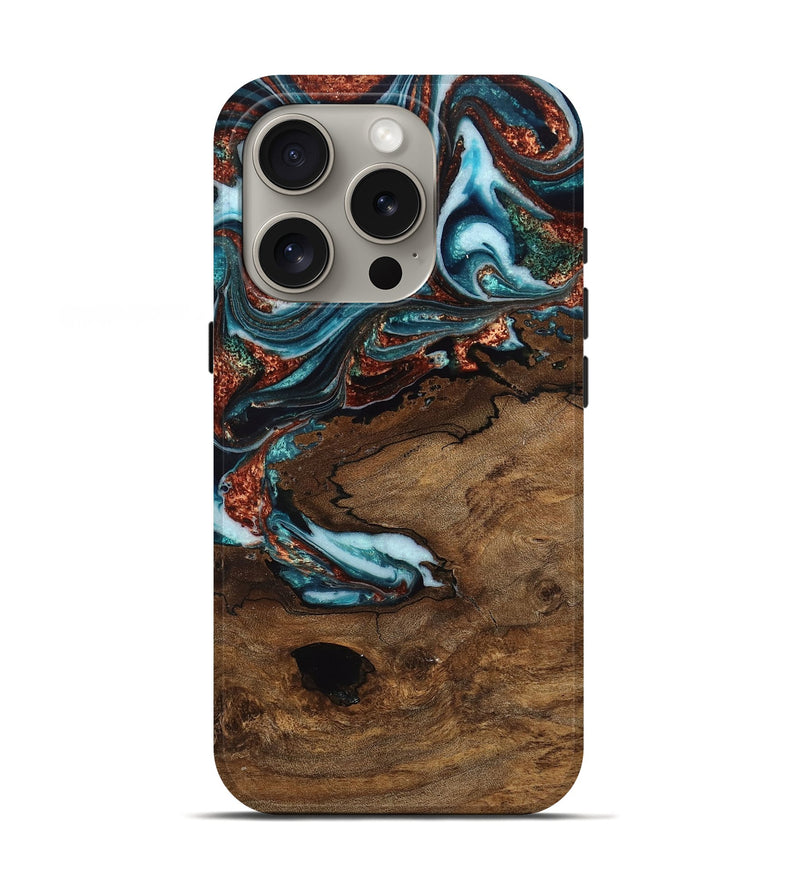 iPhone 16 Pro Wood Live Edge Phone Case - Monty (Teal & Gold, 760637)
