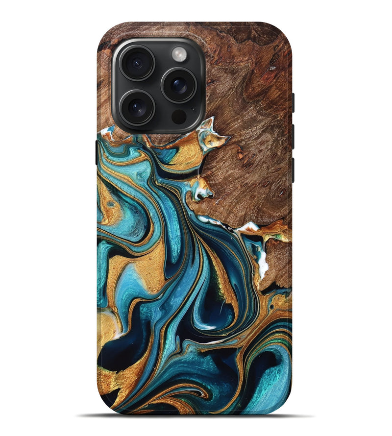 iPhone 16 Pro Max Wood Live Edge Phone Case - Elbert (Teal & Gold, 760639)