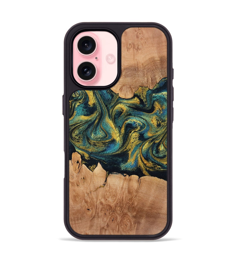 iPhone 16 Wood Phone Case - Russ (Teal & Gold, 761599)