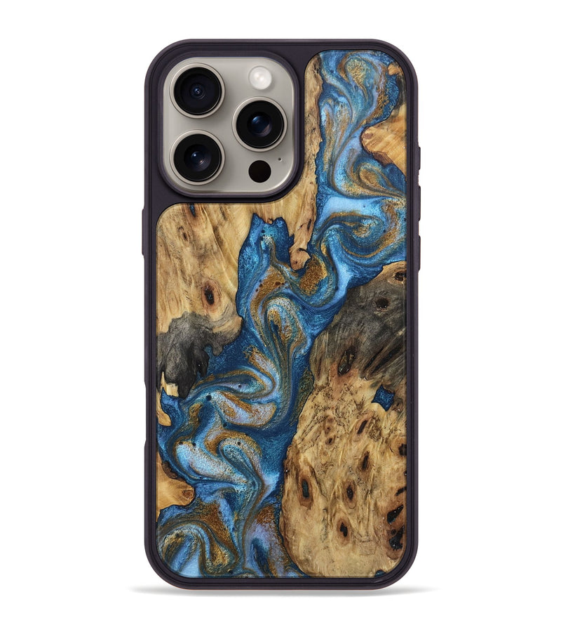iPhone 16 Pro Max Wood Phone Case - Flossie (Teal & Gold, 762104)