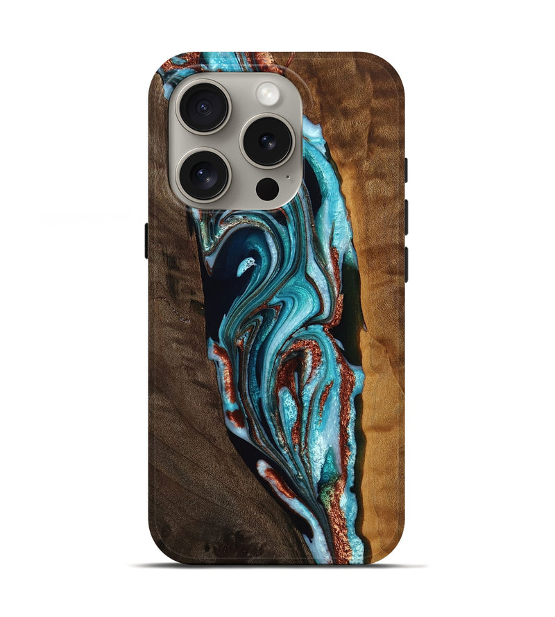iPhone 16 Pro Wood Live Edge Phone Case - Galilea (Teal & Gold, 762279)