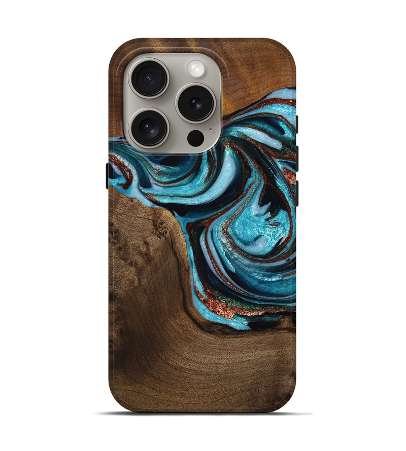 iPhone 16 Pro Wood Live Edge Phone Case - Mellie (Teal & Gold, 762282)