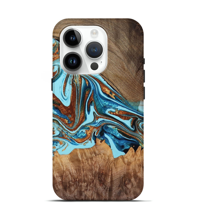 iPhone 15 Pro Wood Live Edge Phone Case - Azari (Teal & Gold, 762283)