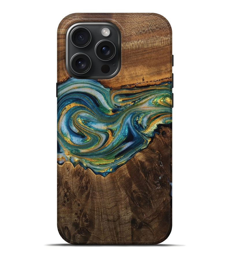 iPhone 16 Pro Max Wood Live Edge Phone Case - Hilma (Teal & Gold, 762291)