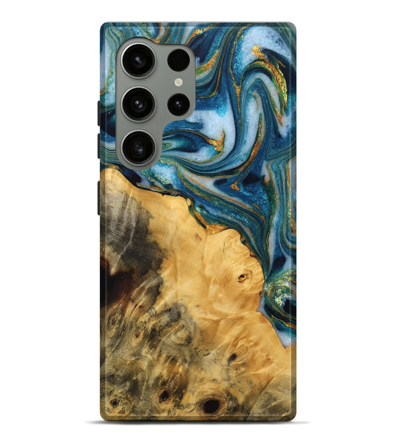 Galaxy S24 Ultra Wood Live Edge Phone Case - Yara (Teal & Gold, 762293)