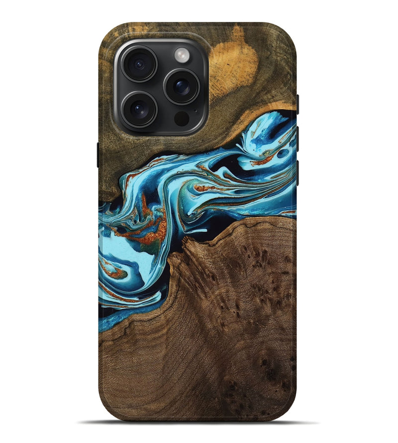 iPhone 16 Pro Max Wood Live Edge Phone Case - Rosalia (Teal & Gold, 762296)