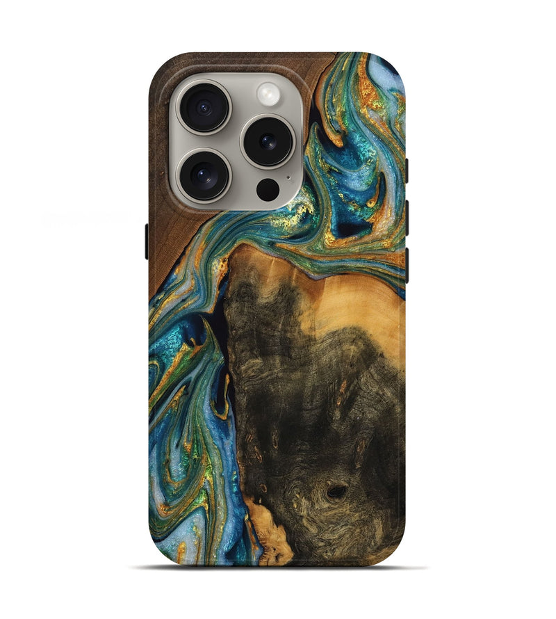 iPhone 16 Pro Wood Live Edge Phone Case - Clement (Teal & Gold, 762298)