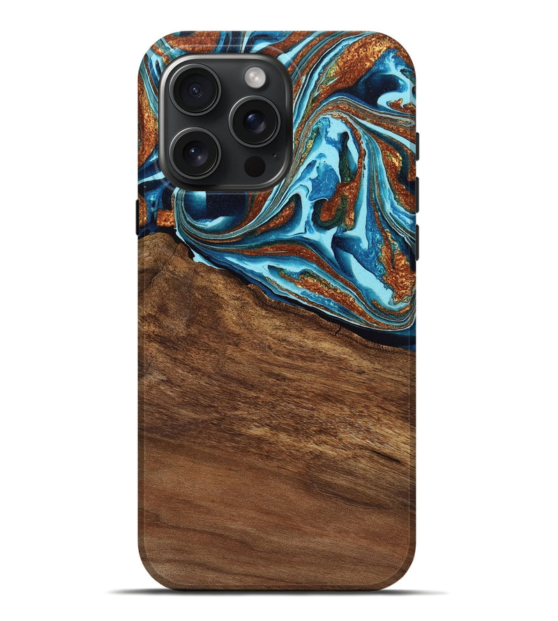 iPhone 16 Pro Max Wood Live Edge Phone Case - Bethzy (Teal & Gold, 762299)
