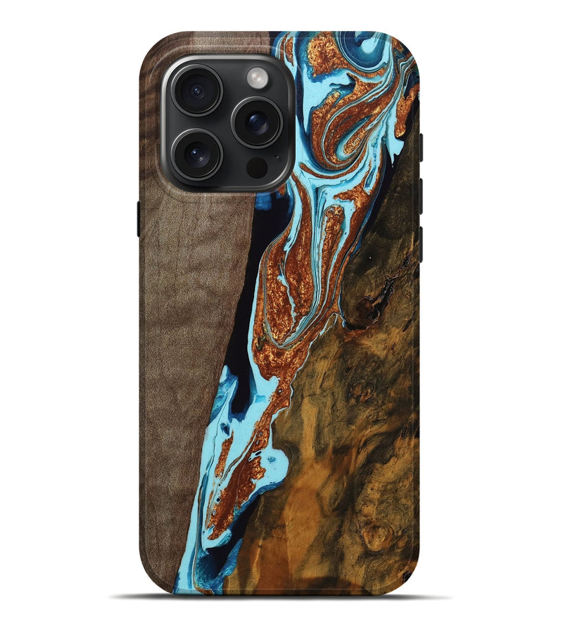 iPhone 16 Pro Max Wood Live Edge Phone Case - Zeke (Teal & Gold, 762300)