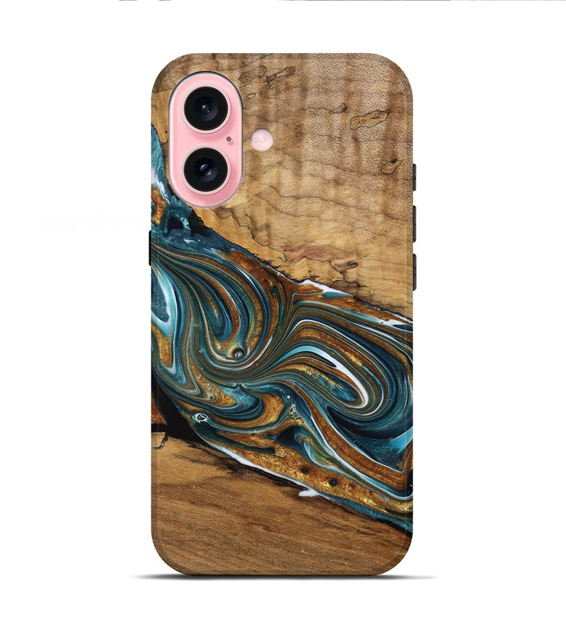 iPhone 16 Wood Live Edge Phone Case - Jessika (Teal & Gold, 762431)