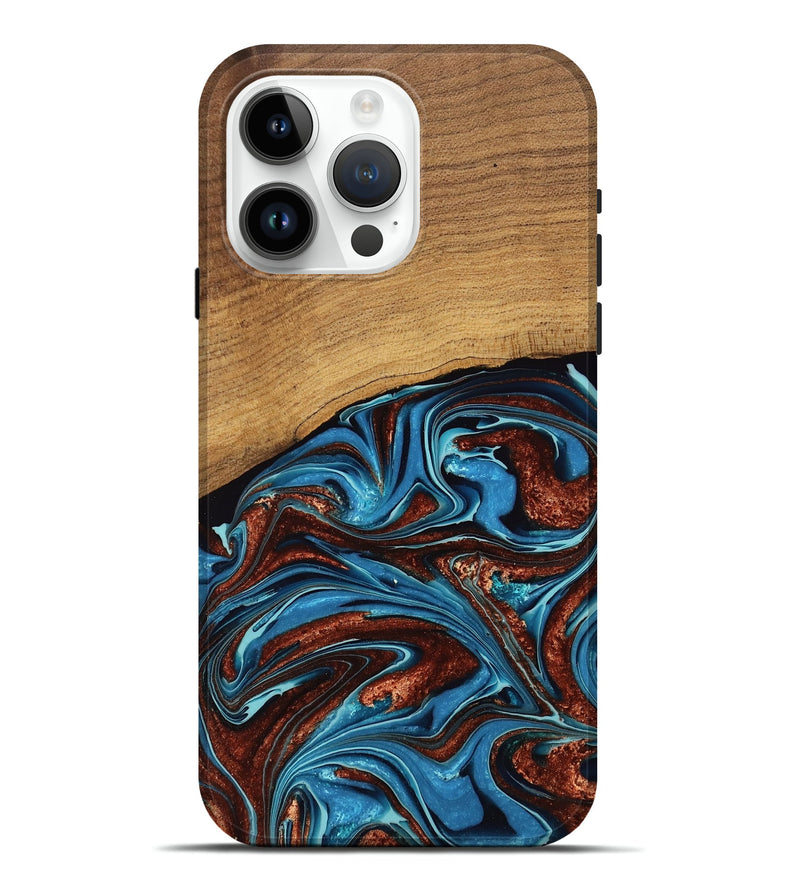 iPhone 15 Pro Max Wood Live Edge Phone Case - Elora (Teal & Gold, 762433)