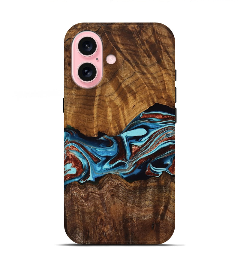 iPhone 16 Wood Live Edge Phone Case - Stan (Teal & Gold, 762435)