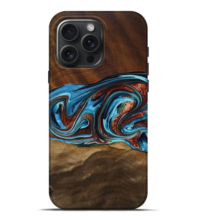 iPhone 16 Pro Max Wood Live Edge Phone Case - Remy (Teal & Gold, 762438)