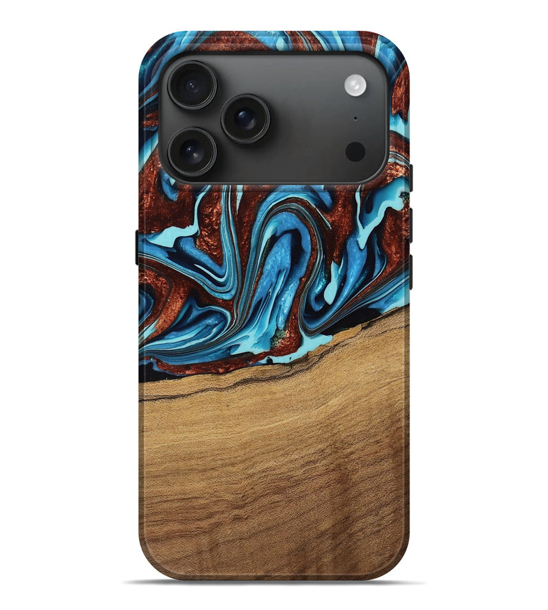 iPhone 17 Pro Max Wood Live Edge Phone Case - Emilio (Teal & Gold, 762442)