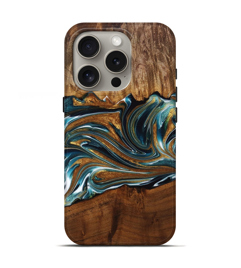 iPhone 16 Pro Wood Live Edge Phone Case - Vihaan (Teal & Gold, 762444)
