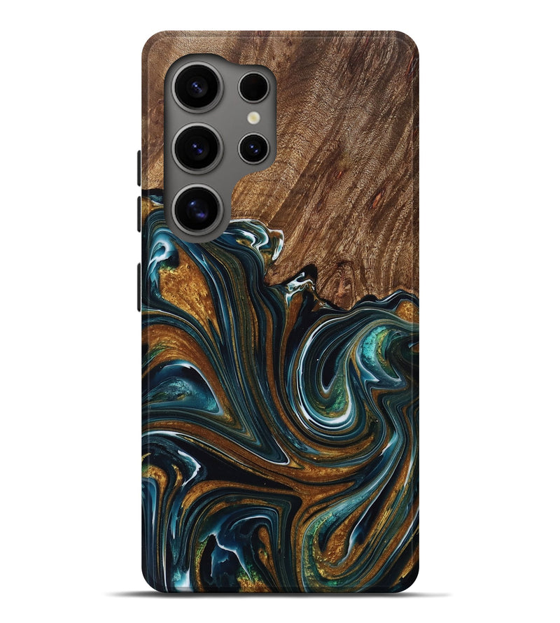 Galaxy S25 Ultra Wood Live Edge Phone Case - Demond (Teal & Gold, 762445)