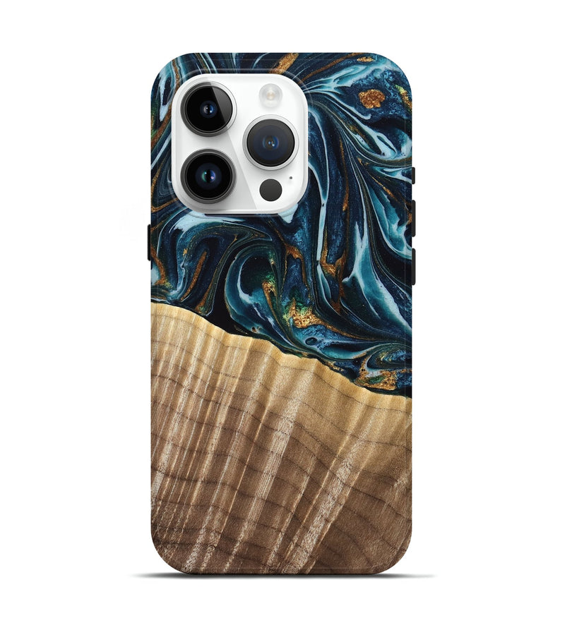 iPhone 15 Pro Wood Live Edge Phone Case - Nevada (Teal & Gold, 762744)