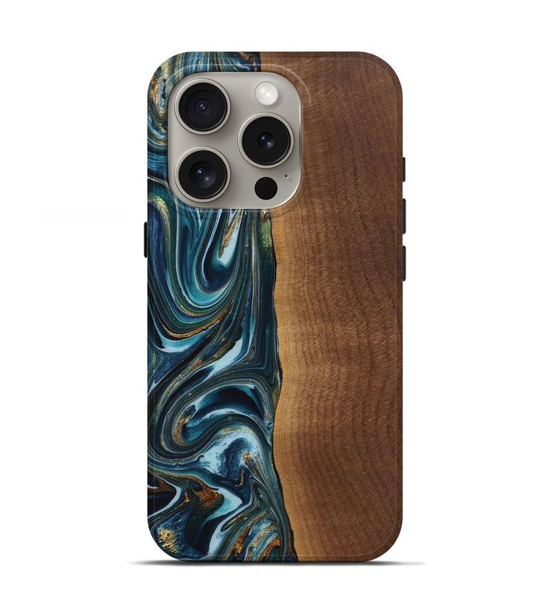 iPhone 16 Pro Wood Live Edge Phone Case - Pearle (Teal & Gold, 762745)