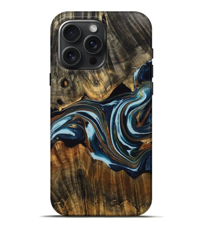 iPhone 16 Pro Max Wood Live Edge Phone Case - Dee (Teal & Gold, 762746)