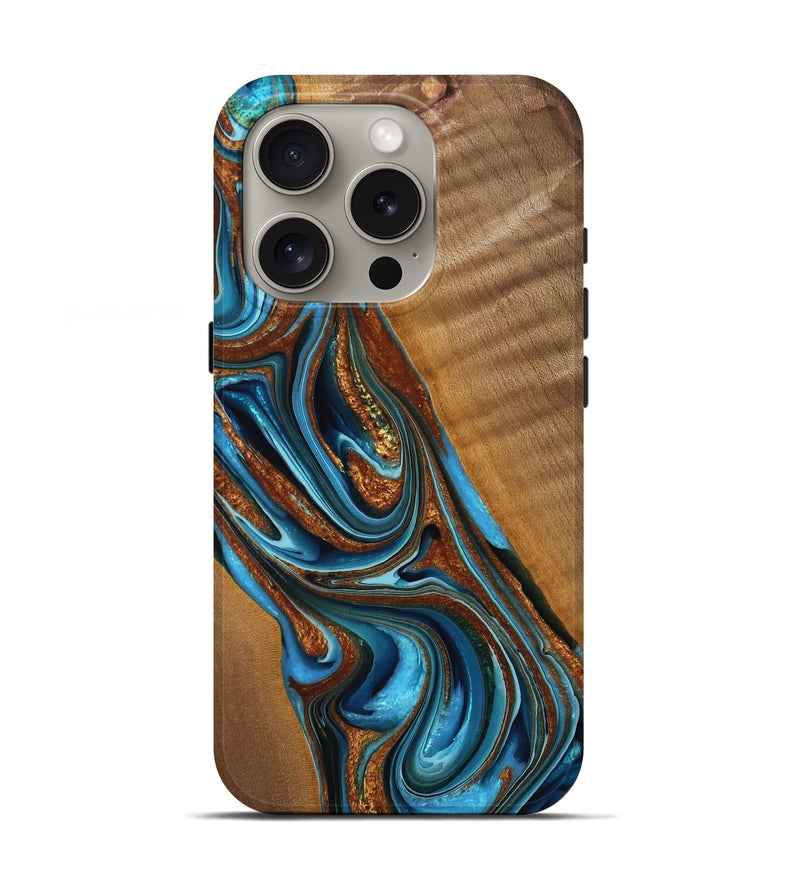 iPhone 16 Pro Wood Live Edge Phone Case - Ester (Teal & Gold, 763052)
