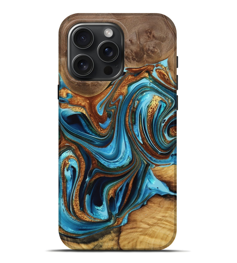 iPhone 16 Pro Max Wood Live Edge Phone Case - Lelah (Teal & Gold, 763055)