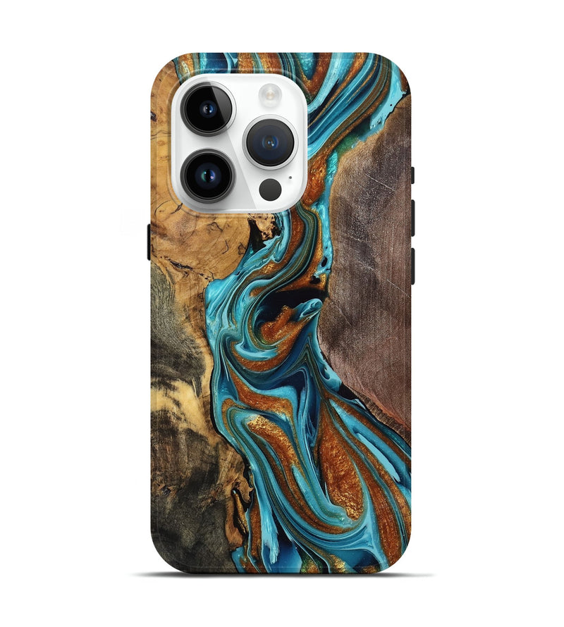 iPhone 15 Pro Wood Live Edge Phone Case - Wylie (Teal & Gold, 763520)