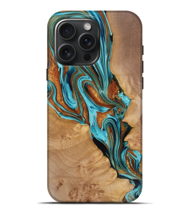iPhone 16 Pro Max Wood Live Edge Phone Case - Dream (Teal & Gold, 763521)