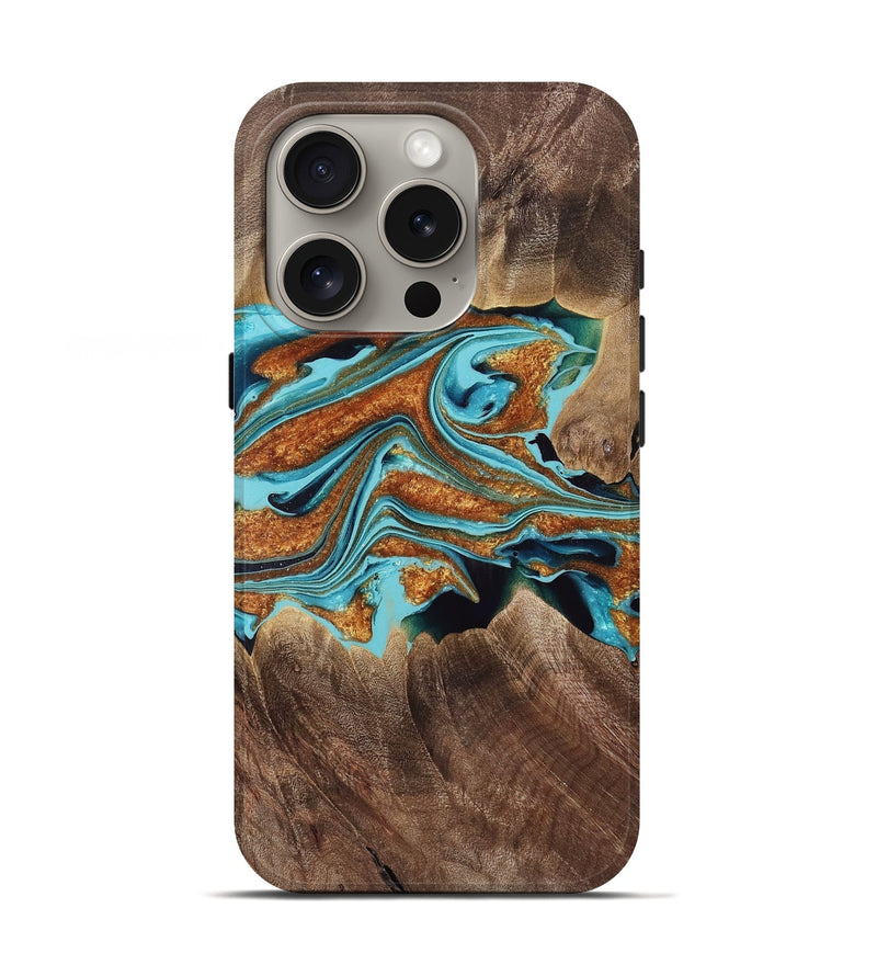 iPhone 16 Pro Wood Live Edge Phone Case - Kendra (Teal & Gold, 763522)