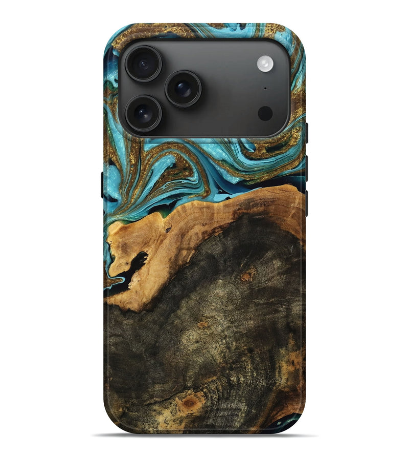 iPhone 17 Pro Max Wood Live Edge Phone Case - Dian (Teal & Gold, 764111)