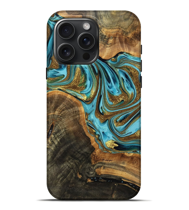 iPhone 16 Pro Max Wood Live Edge Phone Case - Chace (Teal & Gold, 764112)