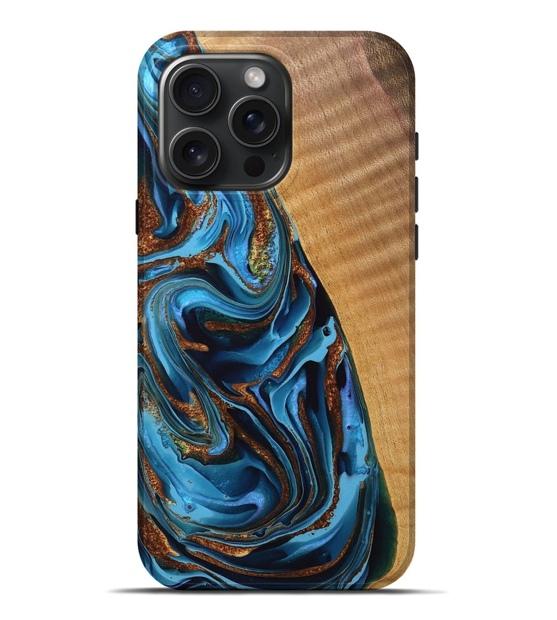 iPhone 16 Pro Max Wood Live Edge Phone Case - Abdiel (Teal & Gold, 764217)