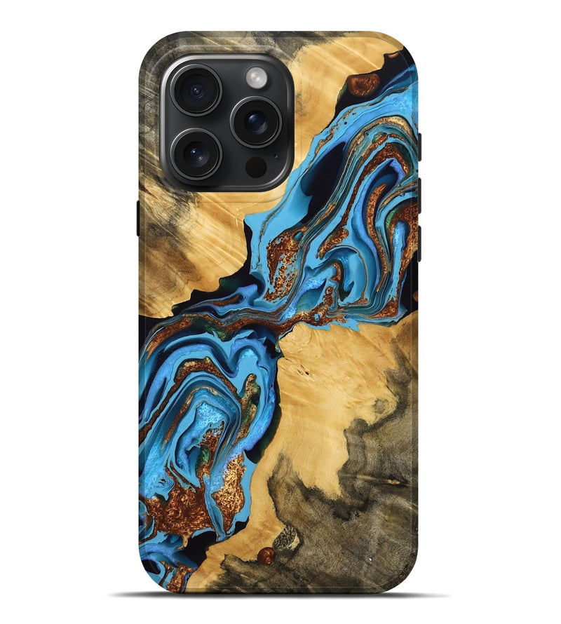 iPhone 16 Pro Max Wood Live Edge Phone Case - Holly (Teal & Gold, 764218)