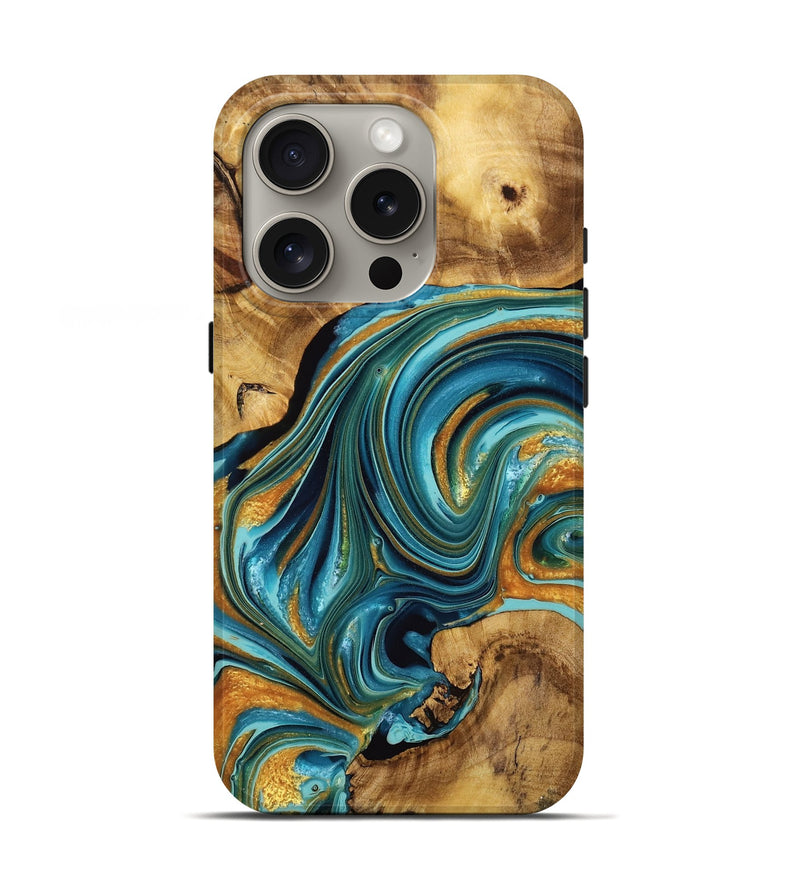 iPhone 16 Pro Wood Live Edge Phone Case - Janet (Teal & Gold, 764890)