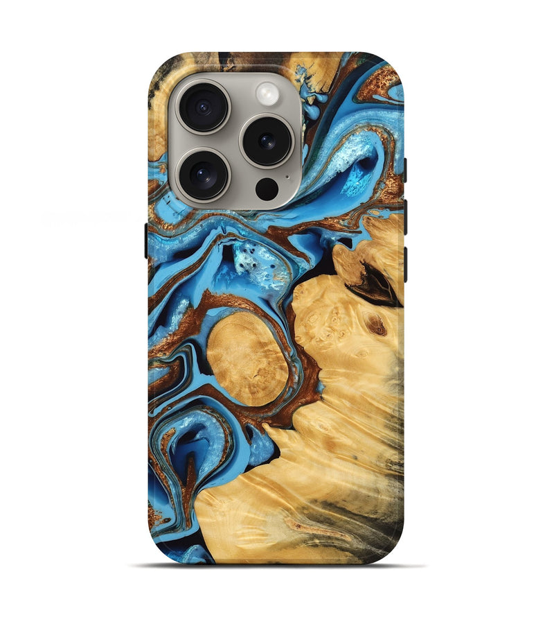 iPhone 16 Pro Wood Live Edge Phone Case - Leota (Teal & Gold, 764903)