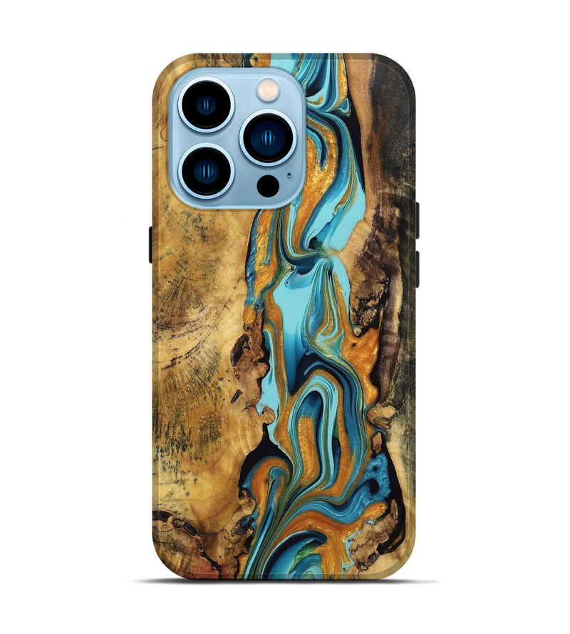 iPhone 14 Pro Wood Live Edge Phone Case - Valorie (Teal & Gold, 764908)