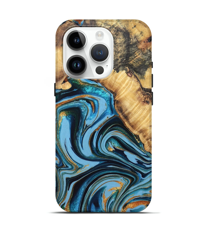 iPhone 15 Pro Wood Live Edge Phone Case - Alfredo (Teal & Gold, 765292)