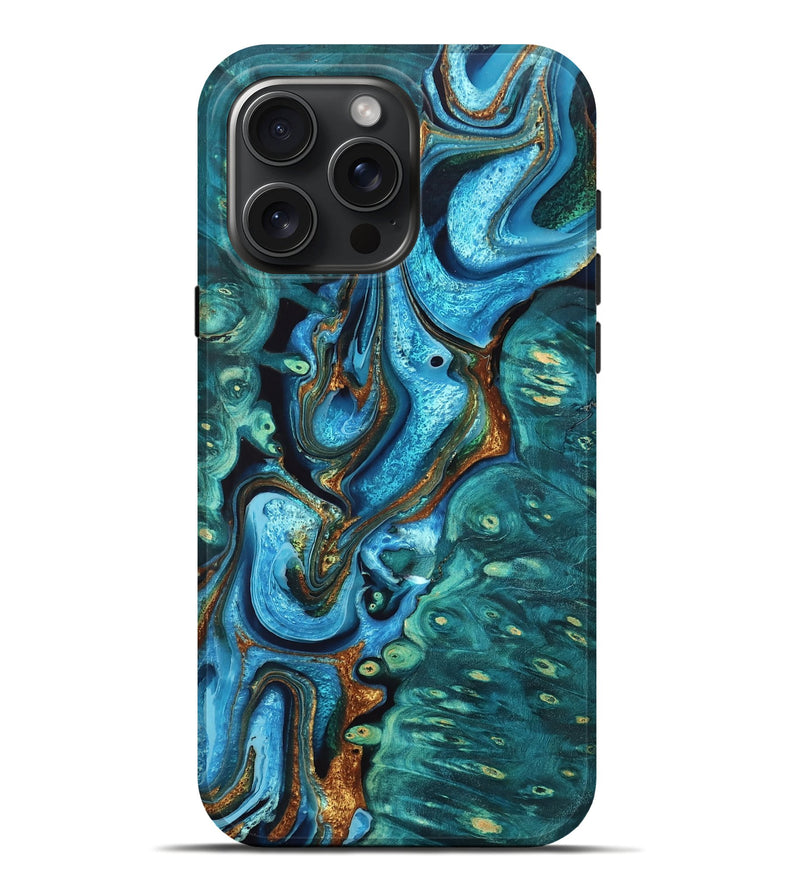 iPhone 16 Pro Max Wood Live Edge Phone Case - Rudolph (Teal & Gold, 765293)