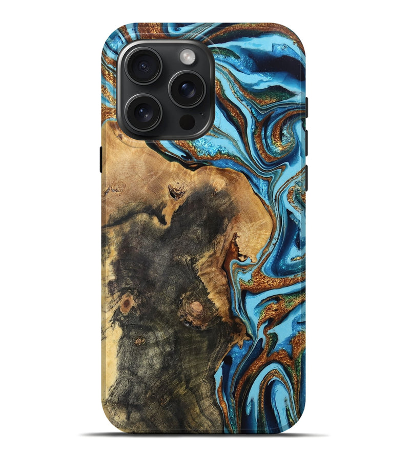 iPhone 16 Pro Max Wood Live Edge Phone Case - Melisa (Teal & Gold, 765294)