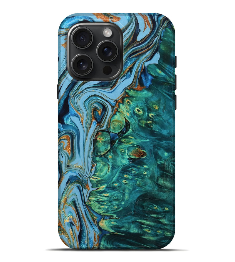 iPhone 16 Pro Max Wood Live Edge Phone Case - Marlena (Teal & Gold, 765298)