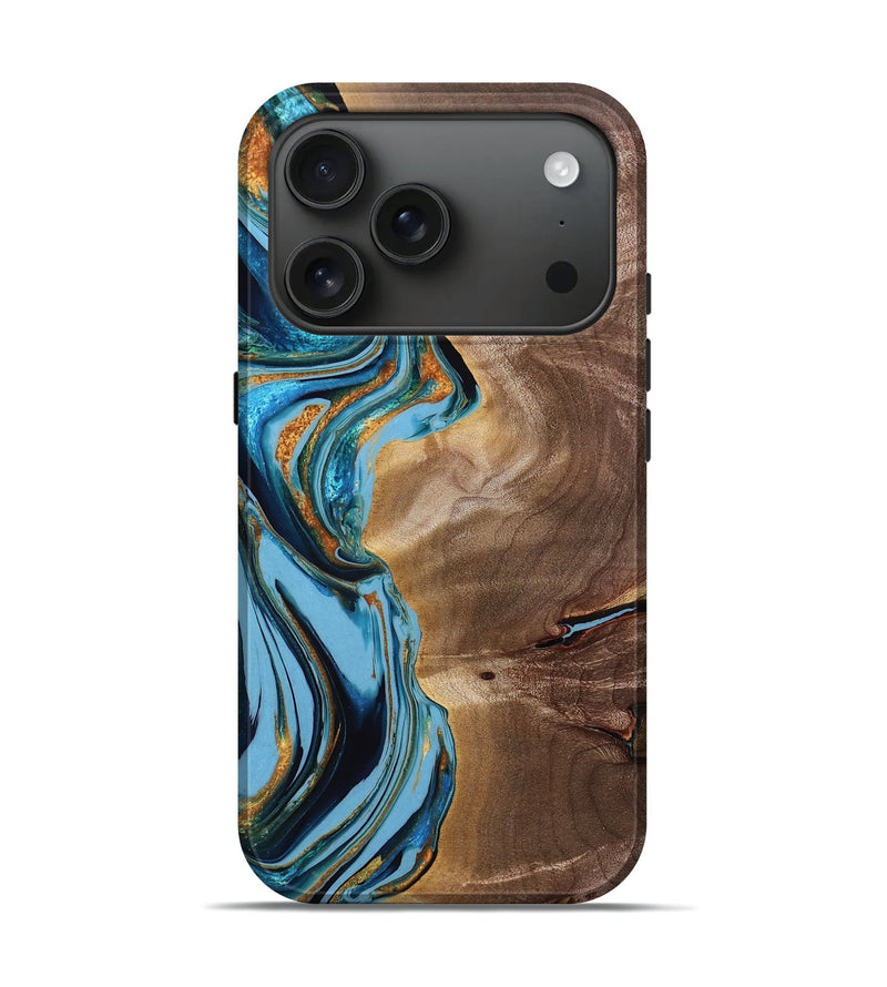iPhone 17 Pro Wood Live Edge Phone Case - Julieta (Teal & Gold, 765299)