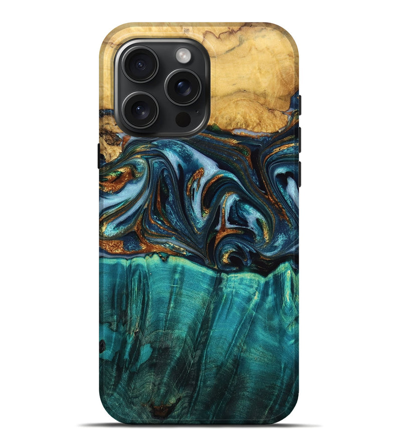 iPhone 16 Pro Max Wood Live Edge Phone Case - Nadia (Teal & Gold, 765303)