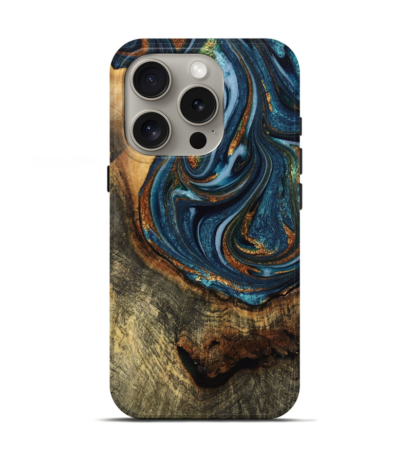 iPhone 16 Pro Wood Live Edge Phone Case - Elia (Teal & Gold, 765304)