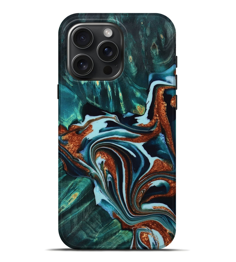 iPhone 16 Pro Max Wood Live Edge Phone Case - Kayden (Teal & Gold, 765305)